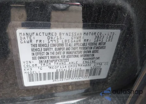 2015 Nissan Sentra Sv z USA, uszkodzony, nr VIN 3N1AB7AP9FY267223